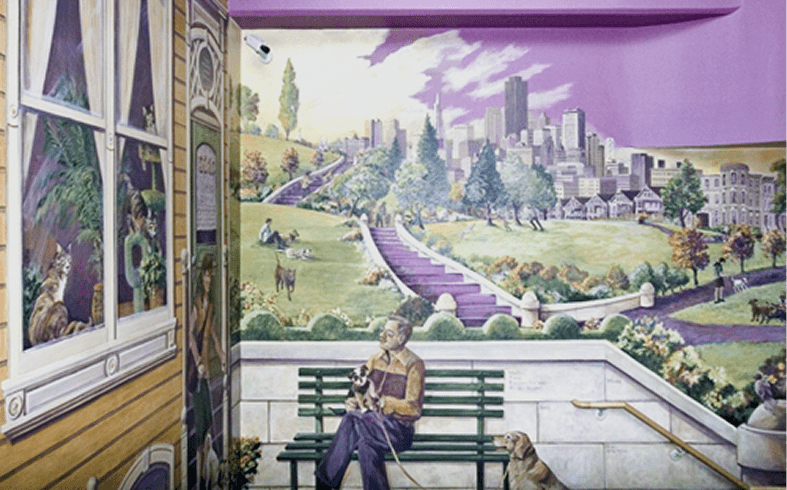 Vibrant cityscape artwork with park setting