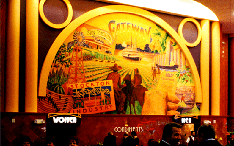 Colorful mural depicting agricultural and industrial scenes.