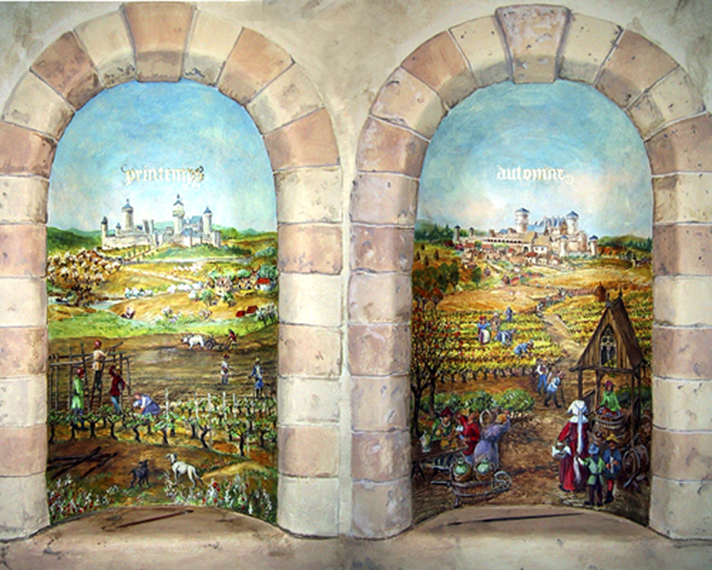 Spring and autumn medieval landscapes