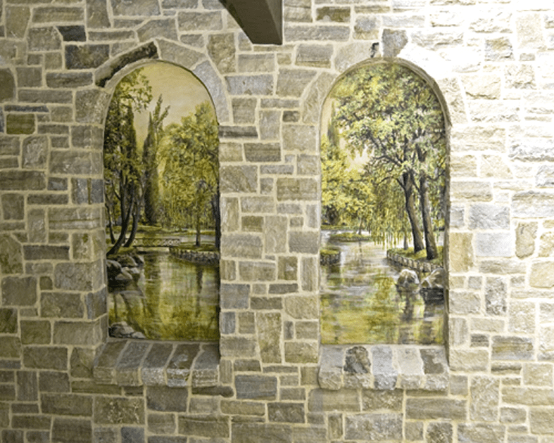 Arched windows with scenic paintings