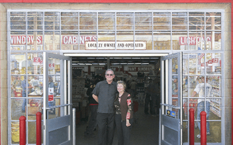 Hardware store entrance with two people