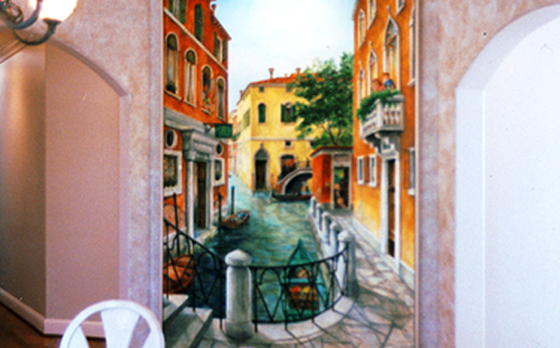 Artistic depiction of Venice canal in mural