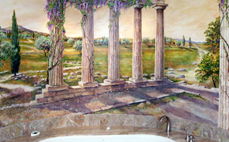 Roman-style columns mural in bathroom setting.