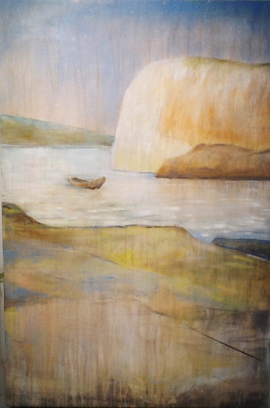Peaceful waterscape with distant cliffs