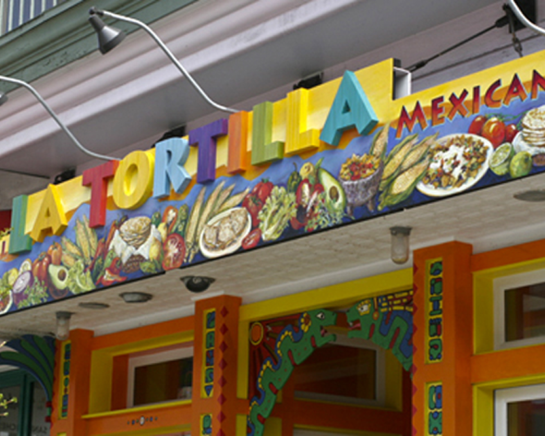 Mexican restaurant entrance with decorative signage