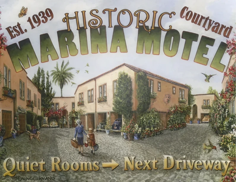 Historic Marina Motel courtyard illustration