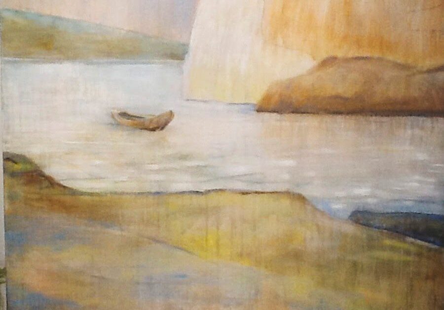 Peaceful waterscape with distant cliffs
